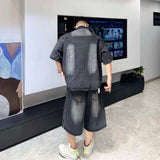 AIDASE  -  Fashion Men's Denim Suit 2025 Summer New Stylish Short Sleeve Lapel Shirt Trend Straight-leg Shorts Loose Men Suit 21E6404 aidase-shop