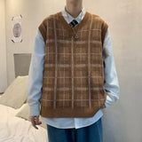 Aidase Sweater Vest Men Japanese Plaid V-neck Knitwear Fashion All-match Sleeveless Spring Soft Ins Clothing Classic Minimalist Stylish aidase-shop