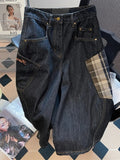 AIDASE  -  American Retro Plaid Large ket Workwear Denim orts Men Summer Design Loose Wide Leg Casual Seven-Foot Pants aidase-shop