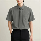 AIDASE  -  Men Shirt Solid Color Lapel Short Sleeve Button Men Clothing With Tie Streetwear Loose Korean Style Fashion Casual Tops aidase-shop