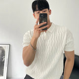 Aidase Jacquard Knitted Polo, Men's Casual V-neck Striped T-shirt, Solid Color Short Sleeve Lightweight Breathable Luxury Clothing aidase-shop