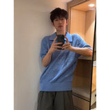 AIDASE  -  Men's Smog Blue Hollow Knit Shirt Japanese Style Simple Loose Short Sleeved T-shirt Summer Lapel Male Top aidase-shop