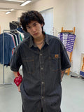 AIDASE  -  Summer New American High Street Vintage Waed Denim irt Men ort Sve Couple Retro Casual Loose Trendy Button up Top aidase-shop