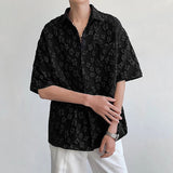 AIDASE  -  Men Shirt Flower Jacquard Loose Korean Style Lapel Short Sleeve Men Clothing Streetwear Fashion Casual Shirts S-5XL aidase-shop