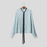AIDASE  -  Men Shirt Lace Patchwork Long Sleeve Stand Collar Men Clothing Tops With Belt Streetwear Fashion Casual Male Shirts aidase-shop