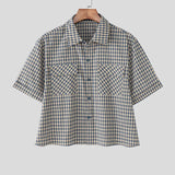 AIDASE  -  Men Plaid Shirt Lapel Short Sleeve Pockets Korean Style Men Clothing Summer Loose 2025 Streetwear Causal Male Crop Tops aidase-shop