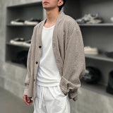 AIDASE  -  Men Shirt Striped V Neck Long Sleeve Button Casual Men Clothing Streetwear Loose Korean Style Tops Fashion Male Shirts aidase-shop