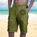 Aidase Vintage Men Linen Shorts Multi Pocket Drawstring Cargo Knee Length Pants Summer Fashion Casual Loose Beach Short Trousers Male