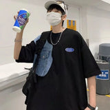 Aidase Vintage Personalized Design Denim Patchwork Short Sleeved T-shirt for Men and Women Fashion Couples Loose Casual Hip-hop Top aidase-shop