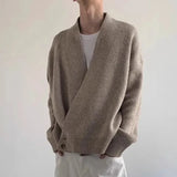 Aidase  American High Street Fashion Solid Color Sweater Jacket Autumn And Winter Irregular Oblique Button V-Neck Cardigan Sweater Men