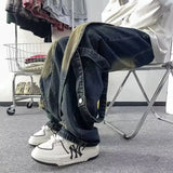 AIDASE  -  American high street trendy brand youthful and fashionable versatile straight retro old washing splicing design streamer jeans aidase-shop