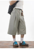 AIDASE  -  Men's Japanese Cityboy Cropped Wide Leg Suit Shorts Pleated Linen Texture 7/8 Length Casual Culottes Pants aidase-shop
