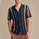 AIDASE  -  Summer Luxurious Business Casual Breathable Knitted Shirt High Quality Men Vintage Striped Crochet Knitting Shirt Men's T-shirt aidase-shop