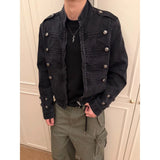 AIDASE  -  Men Black Solid Color Zipper Stand Collar Long Sleeve Casual Simple Basic Daily Denim Jackets New Fashion Vintage Coats