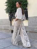 AIDASE  -  Solid Cotton Linen Printed Wide Leg Pants Set Women Casual Daily Bubble Sleeve Shirt Two Piece Suit 2025 New Summer Street Wear aidase-shop