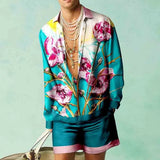Aidase Fashion 3D Print Two Piece Set Men Long Sleeve Lapel Shirts And Shorts Casual Loose Suits Summer Hawaiian Beach Outfits Male