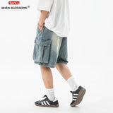 Aidase Korean Fashion Men's Wide Leg Denim Shorts Summer New Fashion Loose Casual Elastic Waist Large Pocket Cargo Men's Jeans Shorts