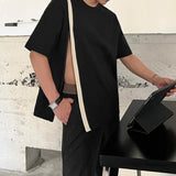 Aidase T-Shirts Male Tshirts Men Summer Short Tee Shirt Man Fashion Sexy Tees Top Contrast Ribbon Slit Camisetas Genderless Streetwear