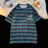 AIDASE  -  Men's Contrasting Striped T-shirt Japanese Retro Male Short Sleeved Summer Loose Casual Round Neck Pullover aidase-shop