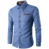 AIDASE  -  Spring and Autumn Men's Casual Shirt Pocket Leather Slim-fit Long Sleeve Denim Shirt