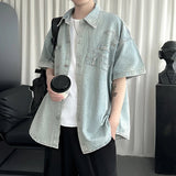 AIDASE  -  Men's Denim Short Sleeve Shirt Inverted Pocket Decoration Short Sleeve Single-breasted Male Shirts Fashion Menswear 21E6523 aidase-shop