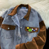 AIDASE  -  Retro Corduroy Patchwork Denim Jacket for Men and Women Loose Versatile Couple Casual Jacket Vintage Preppy Varsity Lapel Coat