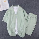 AIDASE  -  Summer New Men's Sets Turn-down Collar Short Sleeve Single Breasted Shirt Drawstring Casual Shorts Solid Color Suit 21E6330