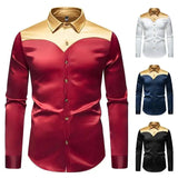 AIDASE  -  New Men's Satin Smooth Color Long Sleeved Shirt Contrast Color Patchwork Single Breast Male Tops aidase-shop