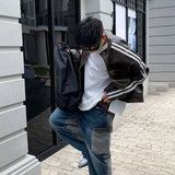 Aidase Mens Autumn Biker White Stripe Maillard Leather Jacket Genderless Trendy Retro Casual Street Simple Leather Jacket Unisex aidase-shop