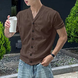 AIDASE  -  Men Shirt Solid Color Knitted V Neck Short Sleeve Korean Style Tops Summer Shirts Streetwear 2025 Casual Men Clothing aidase-shop