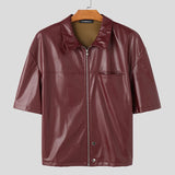 AIDASE  -  Solid Color Men Shirt Faux PU Leather Lapel Short Sleee Men Clothing Zipper Summer Streetwear Fashion Casual Camisa aidase-shop