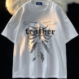 AIDASE  -  Punk Kpop Cotton Short-sleeved T-shirt Men Summer New Hong Kong Style Letter Feather Print High-end Trendy Loose Top aidase-shop