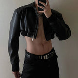 Aidase Autumn Product Design Sense Lgbt Sexy Navel Exposed Fashion High Street High Waist Double Zipper Wide Shoulder Leather Jacket aidase-shop