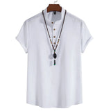 AIDASE  -  Summer Foreign Trade Men's Cotton and Linen Short Sleeved Solid Color Standing Collar Pullover Shirt, Men's Fashion Trend Shirt
