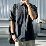 AIDASE  -  Male Shirts Lapel Pocket Design Solid Color Korean Style Summer Short Sleeved Single Breasted Loose Men Tops Simple aidase-shop