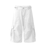 Aidase Men Adjustable Low Waist White Baggy Jorts Plain Pintuck Cargo Pockets Casual Wide Denim Shorts Pants Summer Trousers