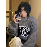 33.38Aidase Korean Personalized Retro Letter Printed College Student Sweater Men's Salt Style American Y2K Wear Round Neck Street Sweater aidase-shop