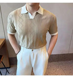 AIDASE  -  Images Simple Striped Ice Silk Elastic Jacquard Turn-down Collar Short Sleeved T-shirt 2025 Contrast Color Male Tops aidase-shop