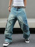 AIDASE  -  Men's Baggy Denim Cargo Pants Multi-Pocket Wide-Leg Jeans Vintage Washed Loose Fit Streetwear Style aidase-shop