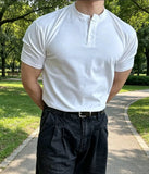 AIDASE  -  New Men's Henry Neck Short Sleeve T-shirt Summer High Elastic Fitness Slim Fit Base Layer Top Muscle Fit Casual Tee For Workout aidase-shop