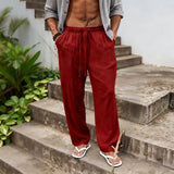 AIDASE  -  Men's Casual Solid Color Linen Feel Drawstring Wide Leg Pants Beach Trousers aidase-shop