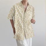 AIDASE  -  Men Shirt Flower Jacquard Loose Korean Style Lapel Short Sleeve Men Clothing Streetwear Fashion Casual Shirts S-5XL aidase-shop