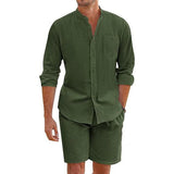 Aidase Daily Casual Breathable Cotton Linen Outfits Mens Vintage Stand Collar Button-up Shirts And Shorts Sets For Men Clothing Summer aidase-shop