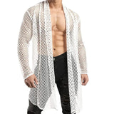 Aidase Sexy Hollow Out Loose Cardigan Shawl Mens Spring Summer Long Sleeve Beach Shirts Mesh Perspective Long Coat Cloak Streetwear