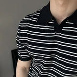 Aidase Summer Men's Casual Business Luxury V Neck Knit Polo Shirt Korean Striped Short Sleeve Retro Breathable Fashion Leisure Knitwear