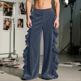 AIDASE  -  Men Pants Solid Color Ruffle Elastic Waist Male Corduroy Pants Streetwear Loose Personality Fashion Casual Trousers Men