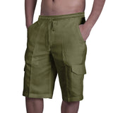 Aidase Vintage Men Linen Shorts Multi Pocket Drawstring Cargo Knee Length Pants Summer Fashion Casual Loose Beach Short Trousers Male