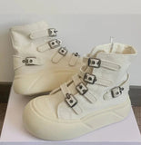 AIDASE  -  Fashion Women Buckle Strap Canvas Shoes High Top Thick Sole Height Increasing Short Ankle Boots Black Beige Autumn Sneakers aidase-shop