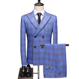 Aidase Fashion New Men Double Breasted Plaid Suit Coat Pants 2 Pcs Set / Male Slim Fit Business Wedding Blazers Jacket Trousers