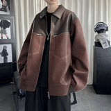 AIDASE  -  Trend Men's Jacket PU Leather Faux Suede Patchwork Design Contrast Color Casual Long Sleeve Lapel Male Coat Tide 21E7100 aidase-shop